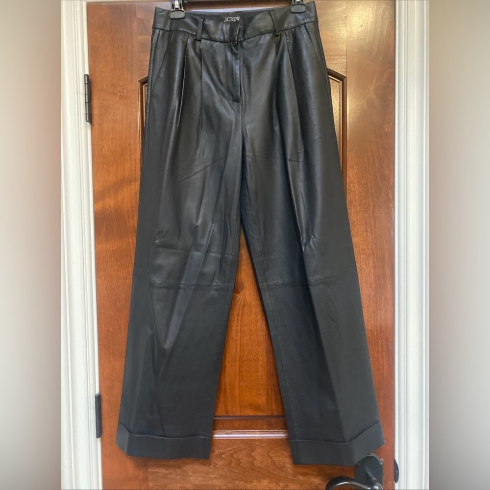 J. Crew Collection Essential Wide Leg pleated cuffed Trousers black leather Sz 2